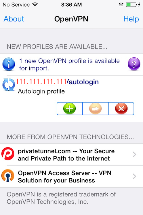 La aplicación OpenVPN para iOS que muestra un nuevo perfil listo para importar