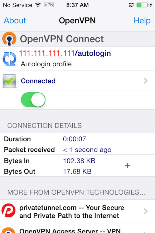 La aplicación iOS OpenVPN conectada a la VPN