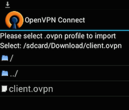 La aplicación de Android OpenVPN que selecciona el perfil VPN para importar